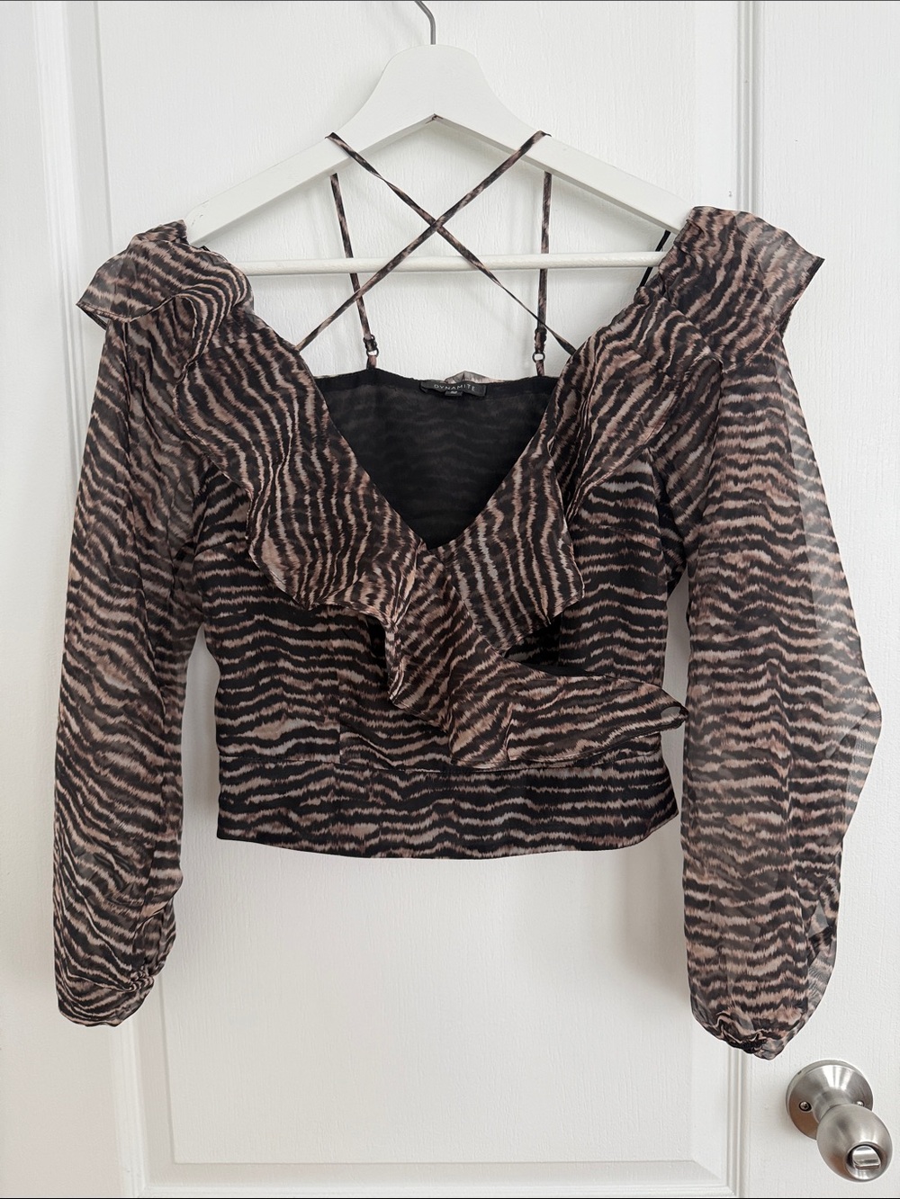 Dynamite Zebra Print Ruffle Crop Top – Size S